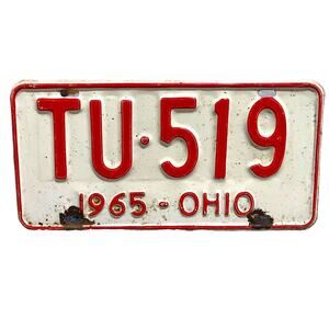 Vintage Ohio OH License Plate 1965 No. TU 519 White & Red